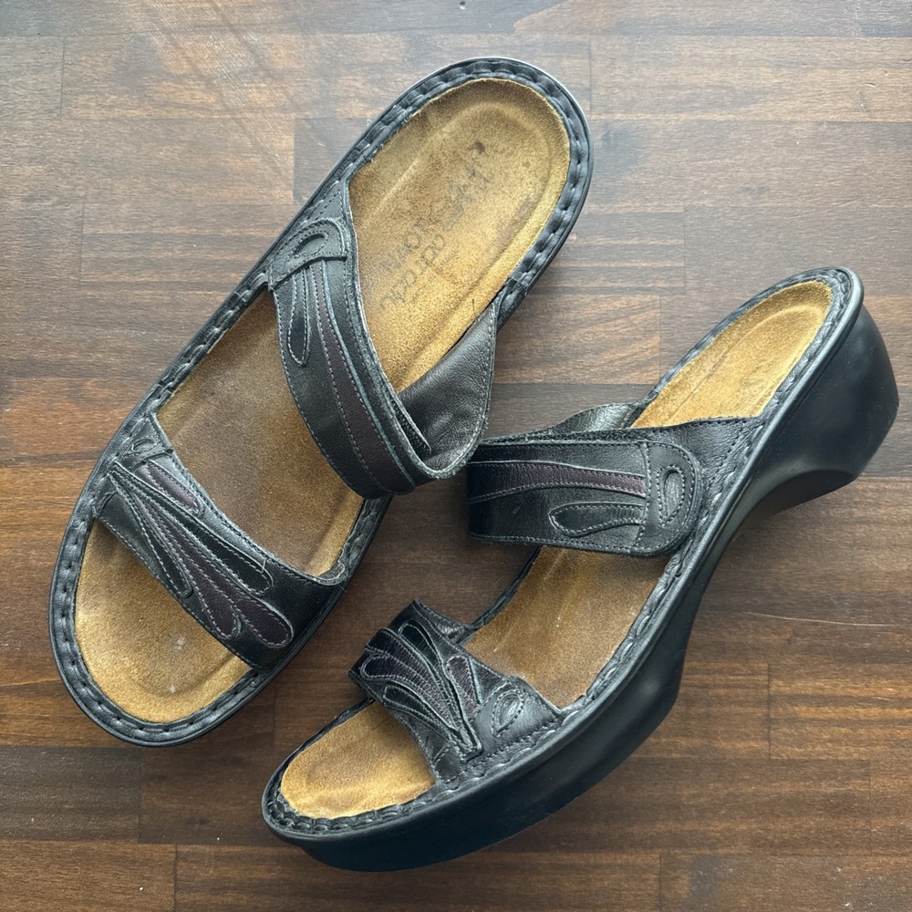 NAOT Black & Purple Overlay Leather Dual Strap Slide Sandals EUR 41